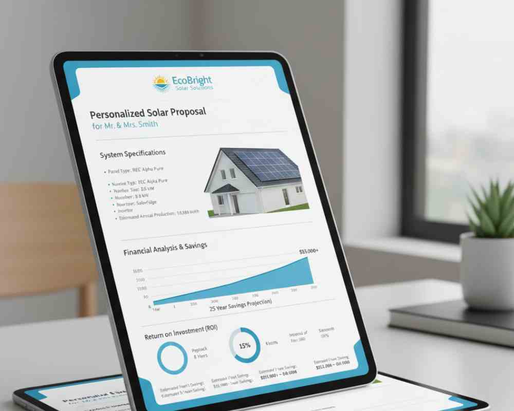 Sample solar proposal PDF showing system specifications, ROI calculations, and 25-year savings projections